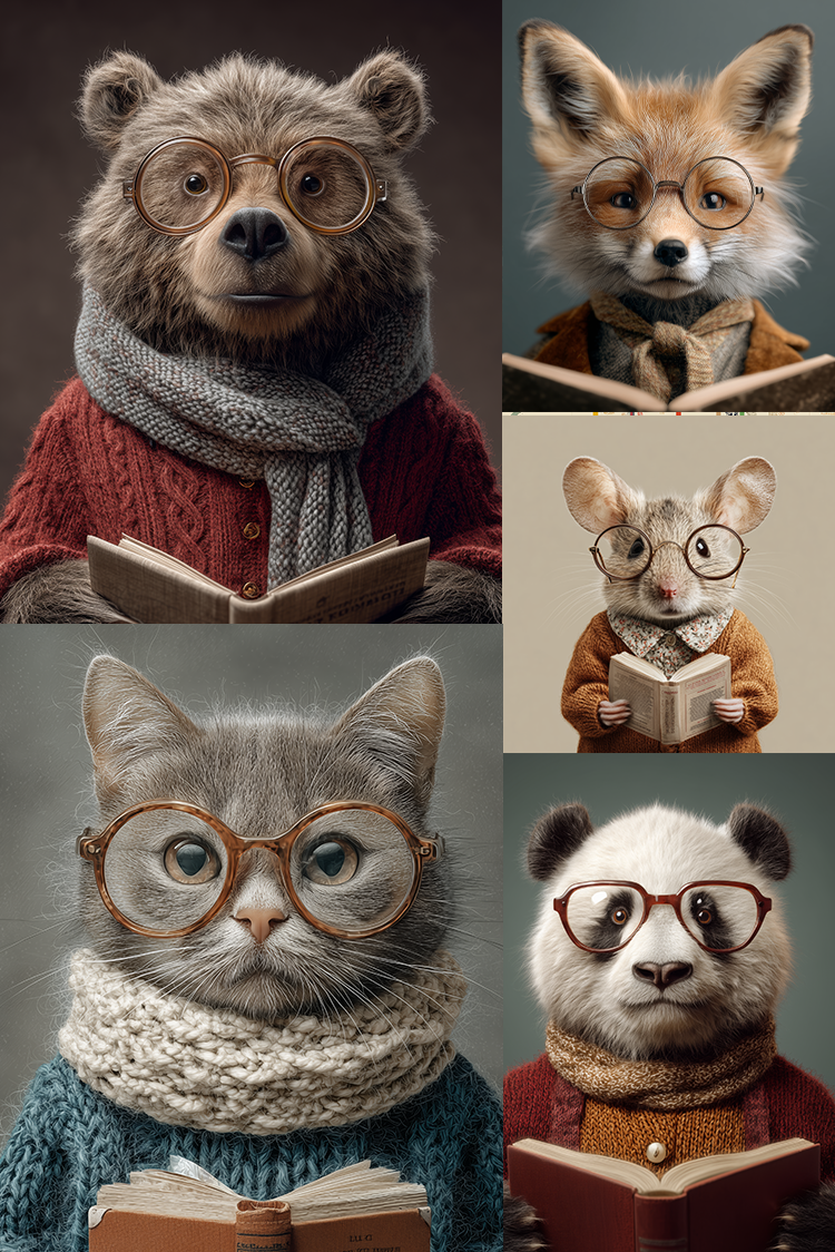 Collage of animals wearing glasses and reading books