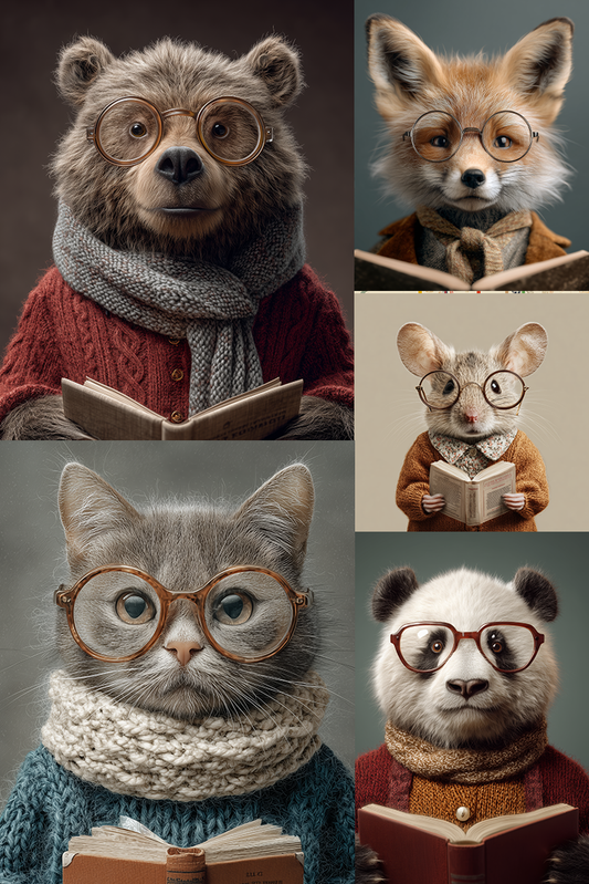Collage of animals wearing glasses and reading books