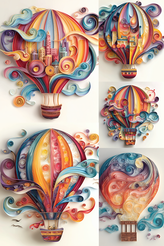 Colorful hot air balloon illustration with intricate designs on a white background