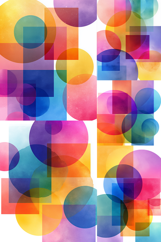 Colorful abstract pattern with circles and squares on a white background