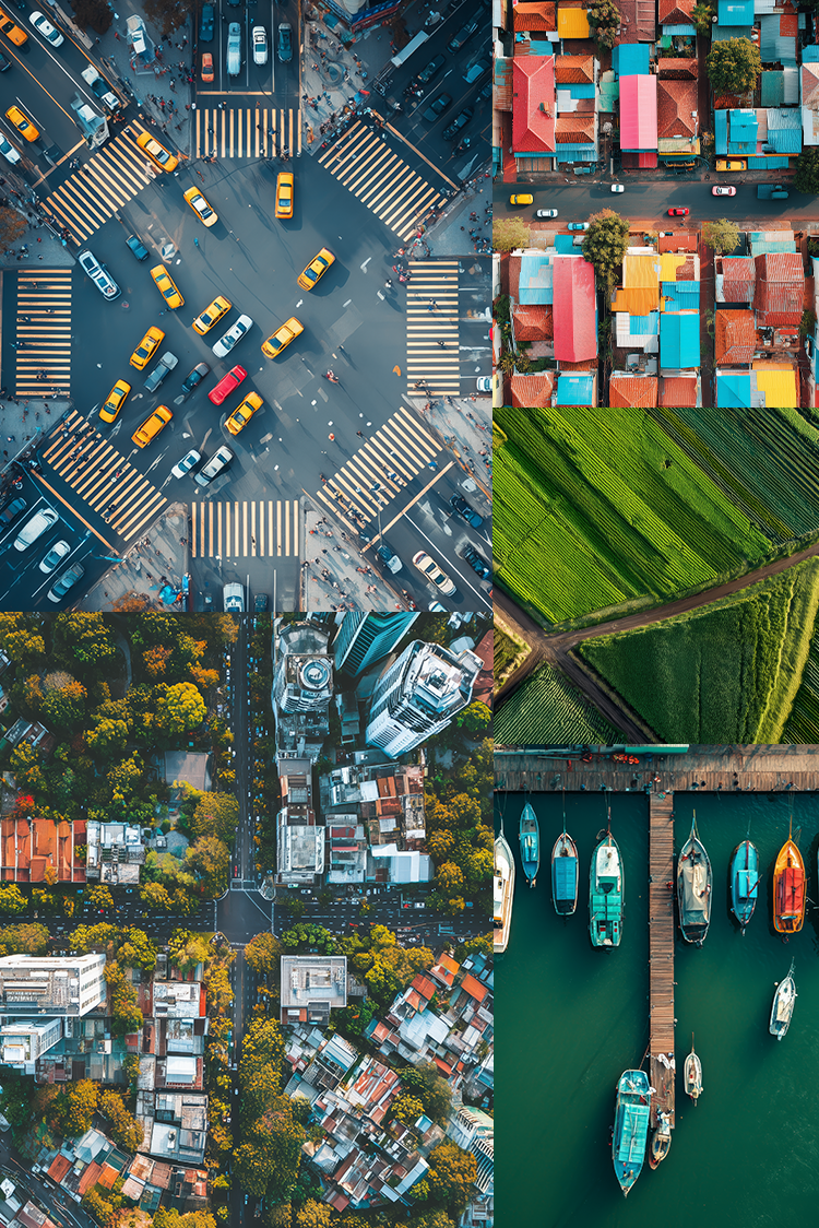 Collage of aerial views including a city intersection, colorful buildings, green fields, and a dock with boats.