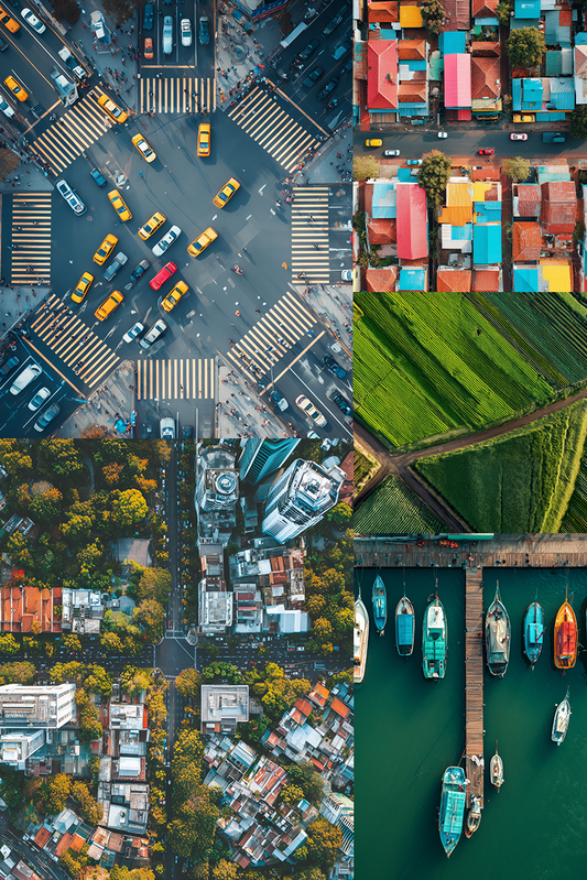 Collage of aerial views including a city intersection, colorful buildings, green fields, and a dock with boats.