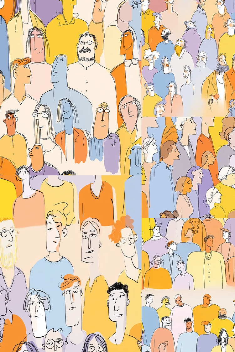 A colorful illustrated collage of many stylized human figures in different poses and clothing, filling the entire frame.