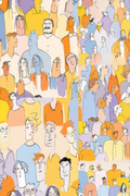 A colorful illustrated collage of many stylized human figures in different poses and clothing, filling the entire frame.