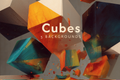 Abstract digital artwork showing floating geometric cubes in orange, teal, yellow, and dark blue tones, with the text 'Cubes 5 BACKGROUNDS' overlaid in the center.