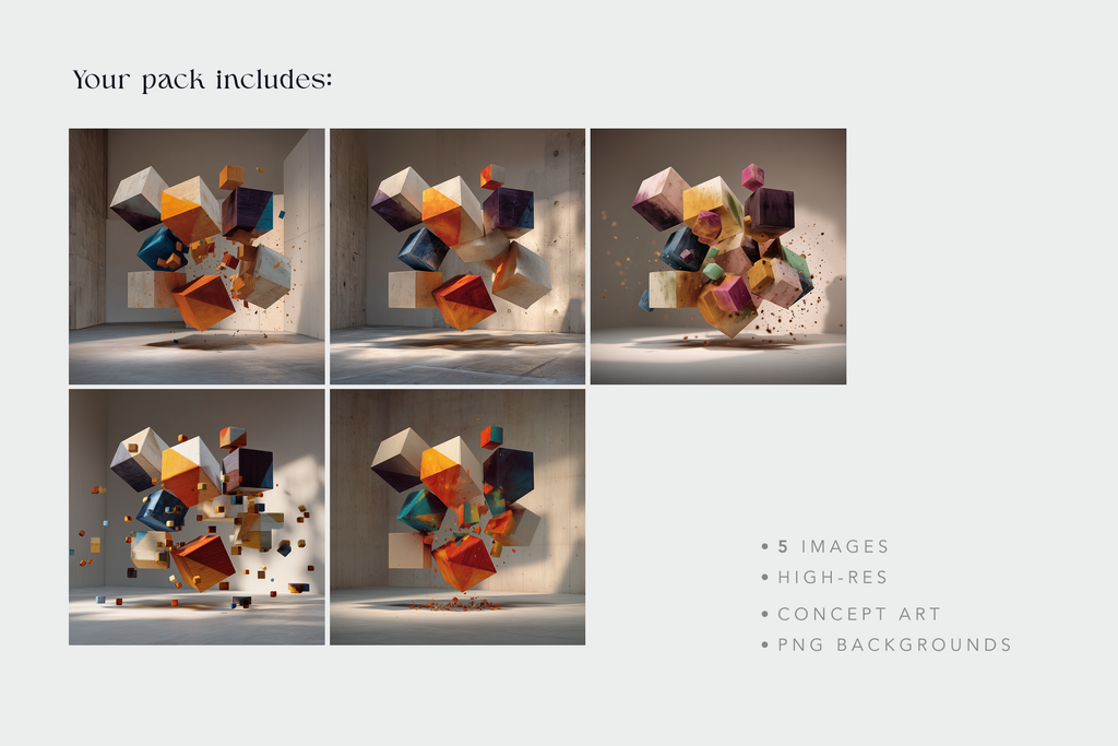 A promotional graphic for a digital concept art pack showing six panels of abstract 3D geometric cubes exploding in motion against a concrete wall, with text reading 'Your pack includes:' and bullet points '5 IMAGES', 'HIGH-RES', 'CONCEPT ART', 'PNG BACKGROUNDS'.
