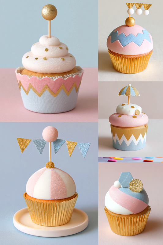 Collage of decorated cupcakes with various toppings on a pink and blue background.