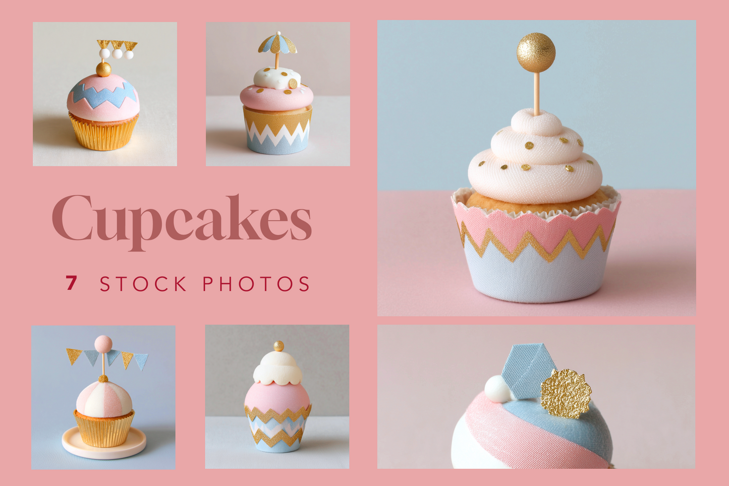 Collage of six cupcakes with decorative tops on a pink background, labeled 'Cupcakes 7 Stock Photos'.