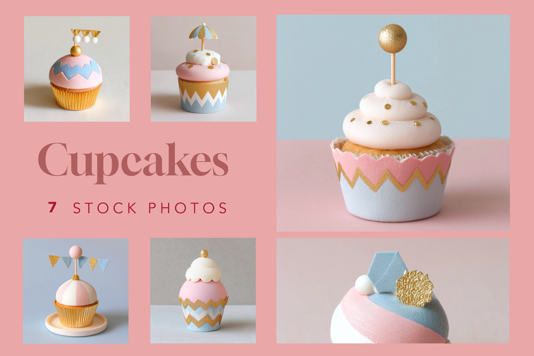 Collage of six cupcakes with decorative tops on a pink background, labeled 'Cupcakes 7 Stock Photos'.
