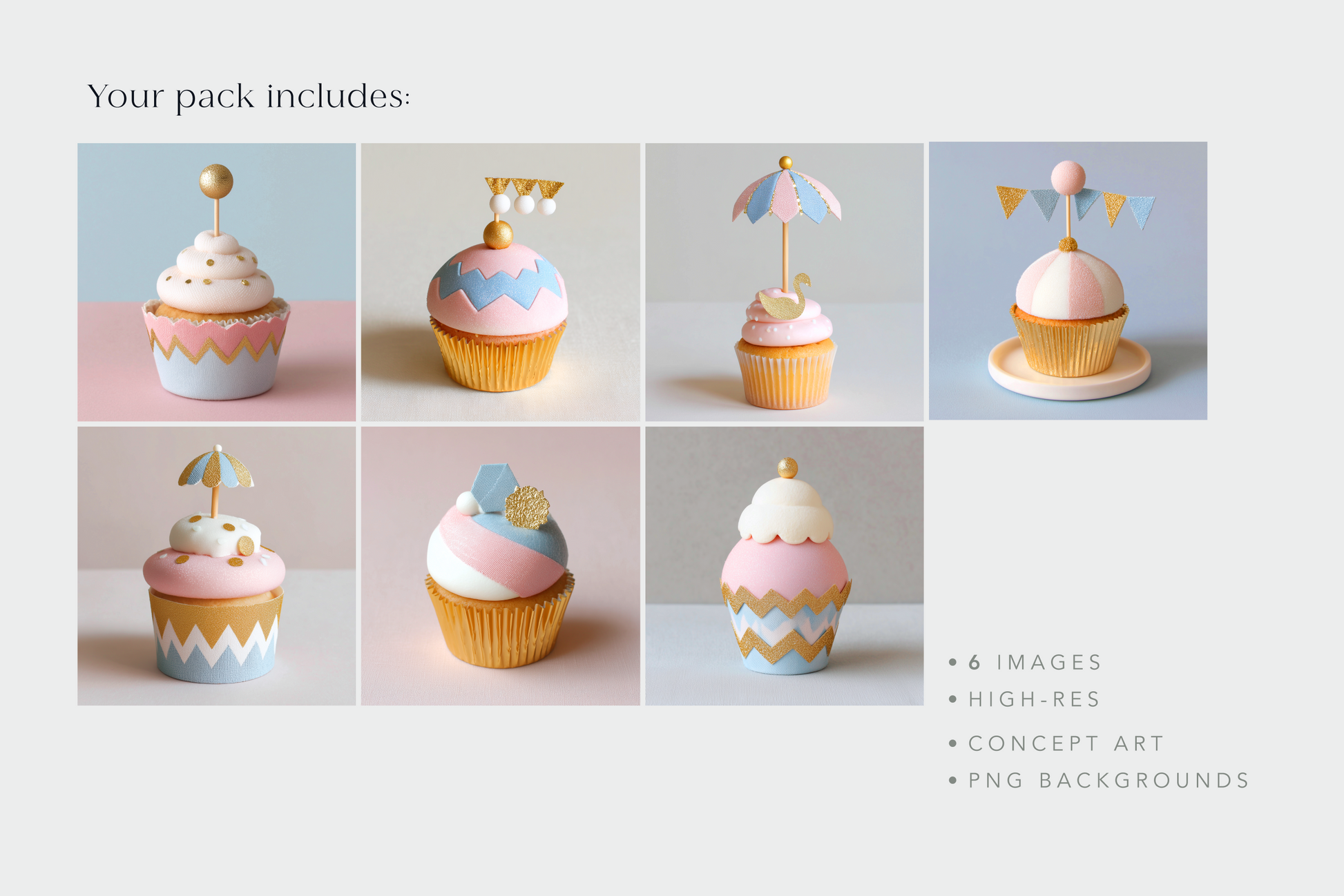 Set of six decorated cupcakes with umbrella toppers on a light gray background