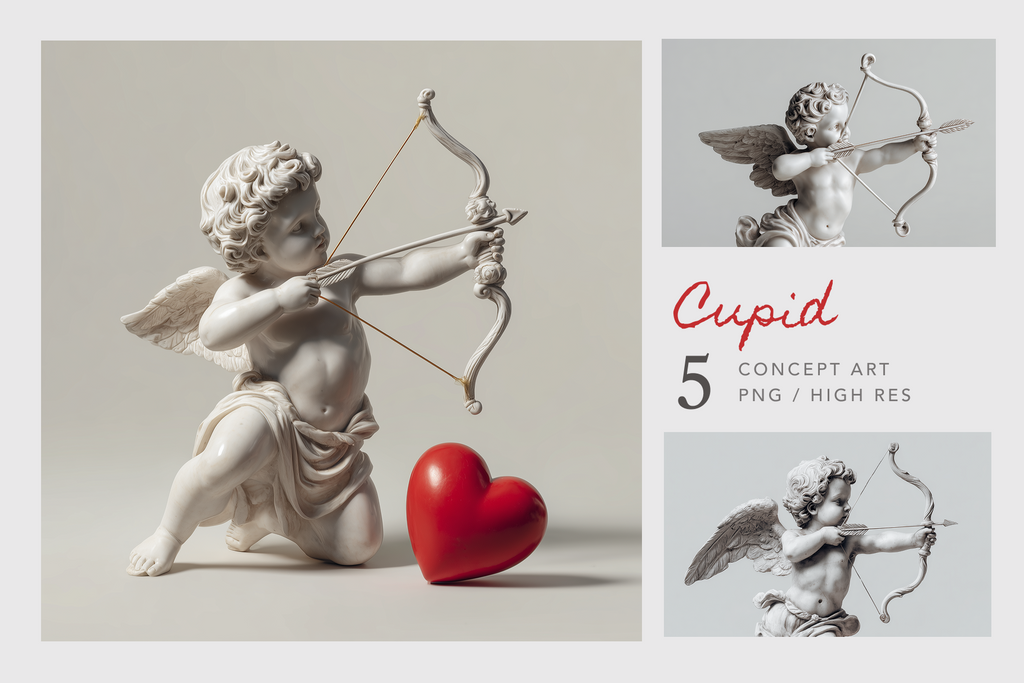 Statue of Cupid with a bow and arrow, holding a red heart, on a light gray background.