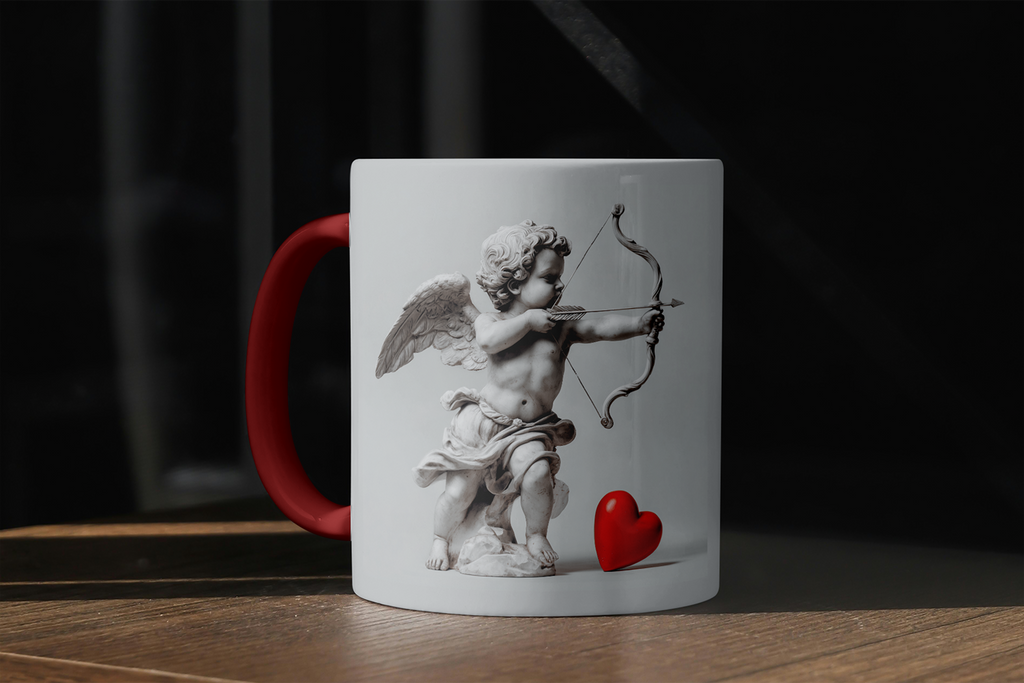 Mug with an angel holding a bow and arrow and a heart on a dark background