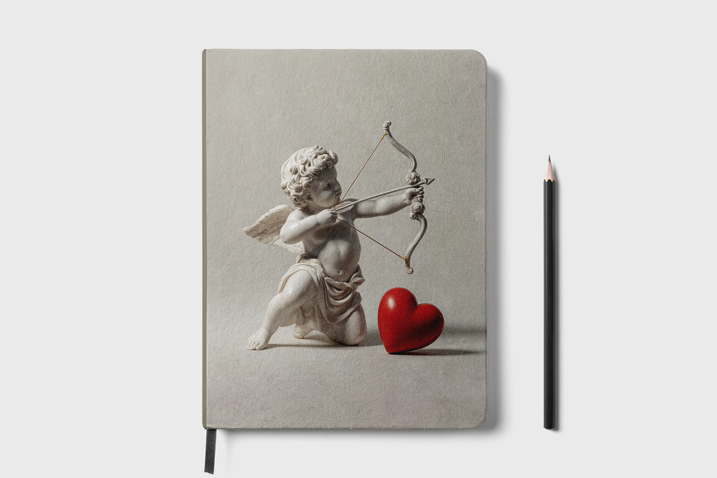 Notebook with an illustration of a cherub holding a bow and arrow, next to a red heart and a pencil on a light gray background.