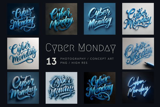 Collection of 'Cyber Monday' text designs in various styles and colors.