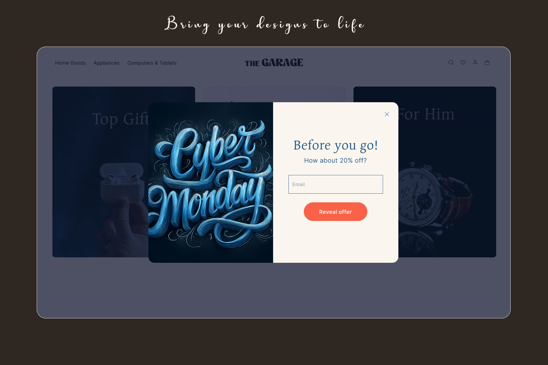 Website interface with a 'Cyber Monday' design and promotional pop-up on a dark background.