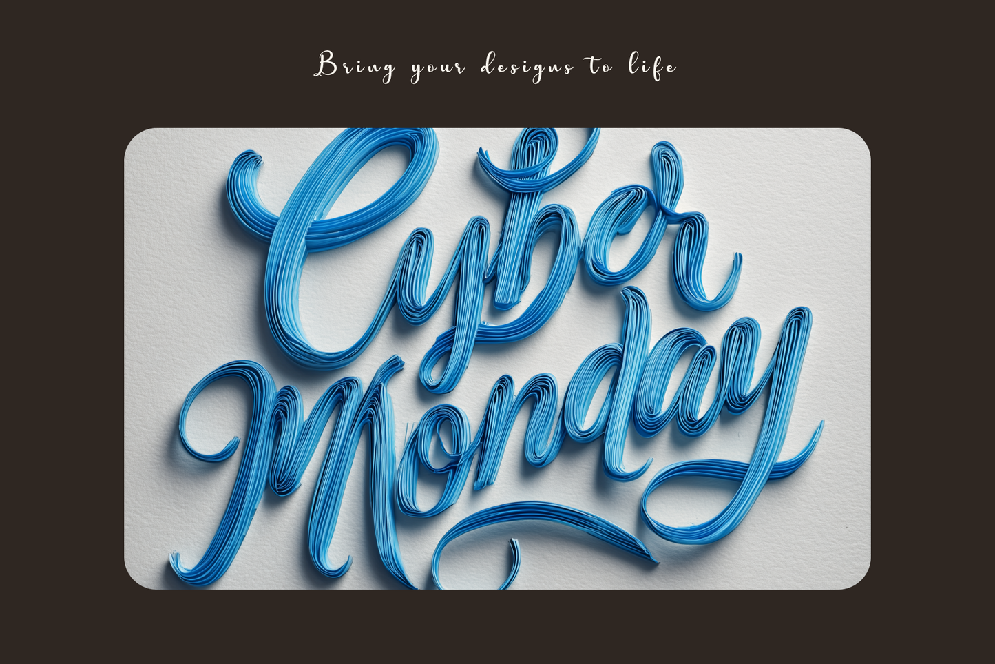 Blue 'Cyber Monday' text on a gray background with a black border.