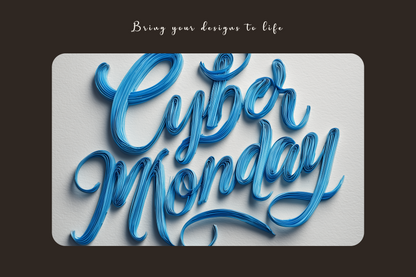 Blue 'Cyber Monday' text on a gray background with a black border.