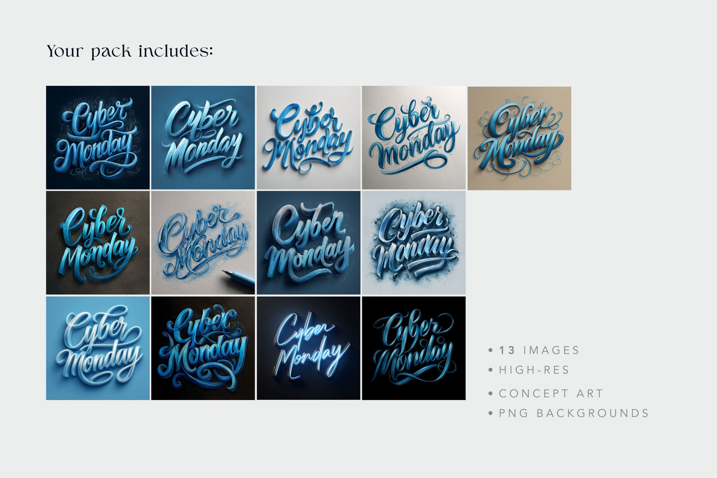 Collection of 'Cyber Monday' text designs in various styles and colors on a white background.