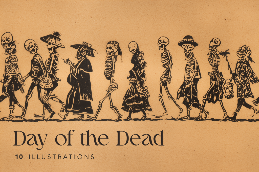 Illustrations of skeletons in various outfits with 'Day of the Dead' text on a beige background