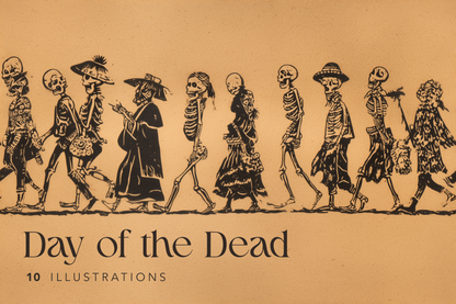 Illustrations of skeletons in various outfits with 'Day of the Dead' text on a beige background