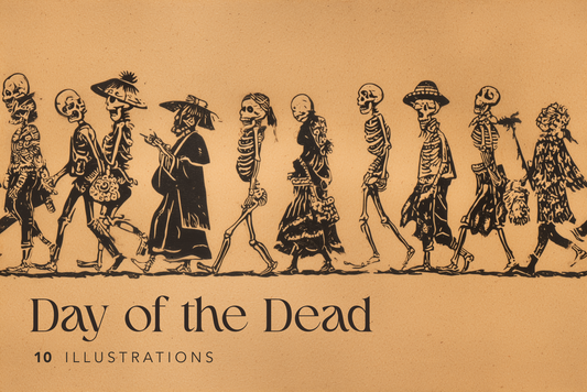 Illustrations of skeletons in various outfits with 'Day of the Dead' text on a beige background