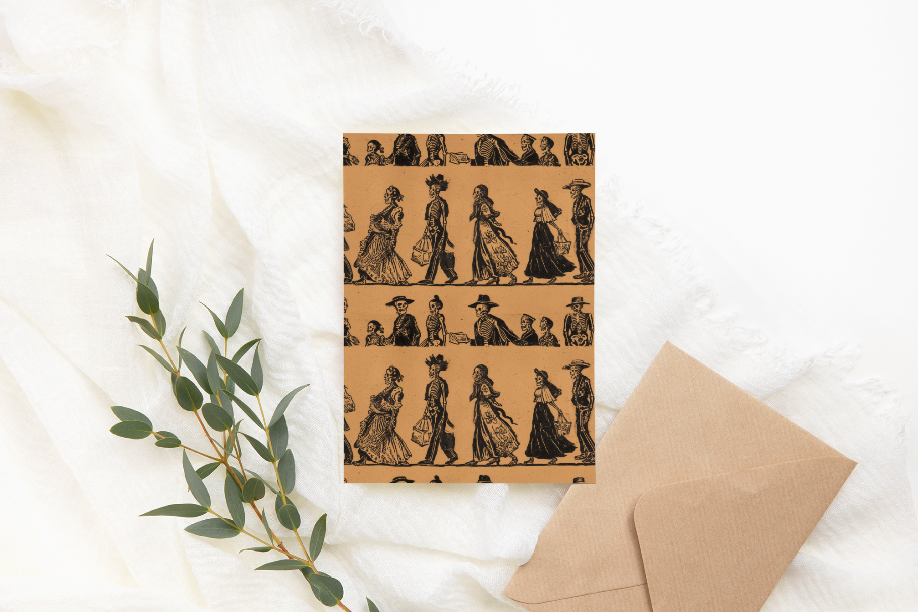Kraft paper with vintage-style illustrations of people on a white background