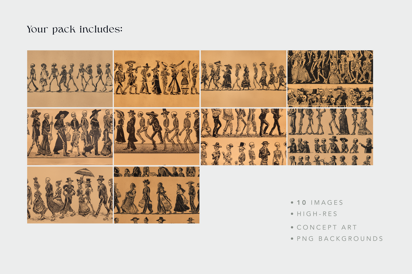 Collection of vintage-style illustrations on a beige background with text indicating the pack includes 10 images, high-res, concept art, and no backgrounds.