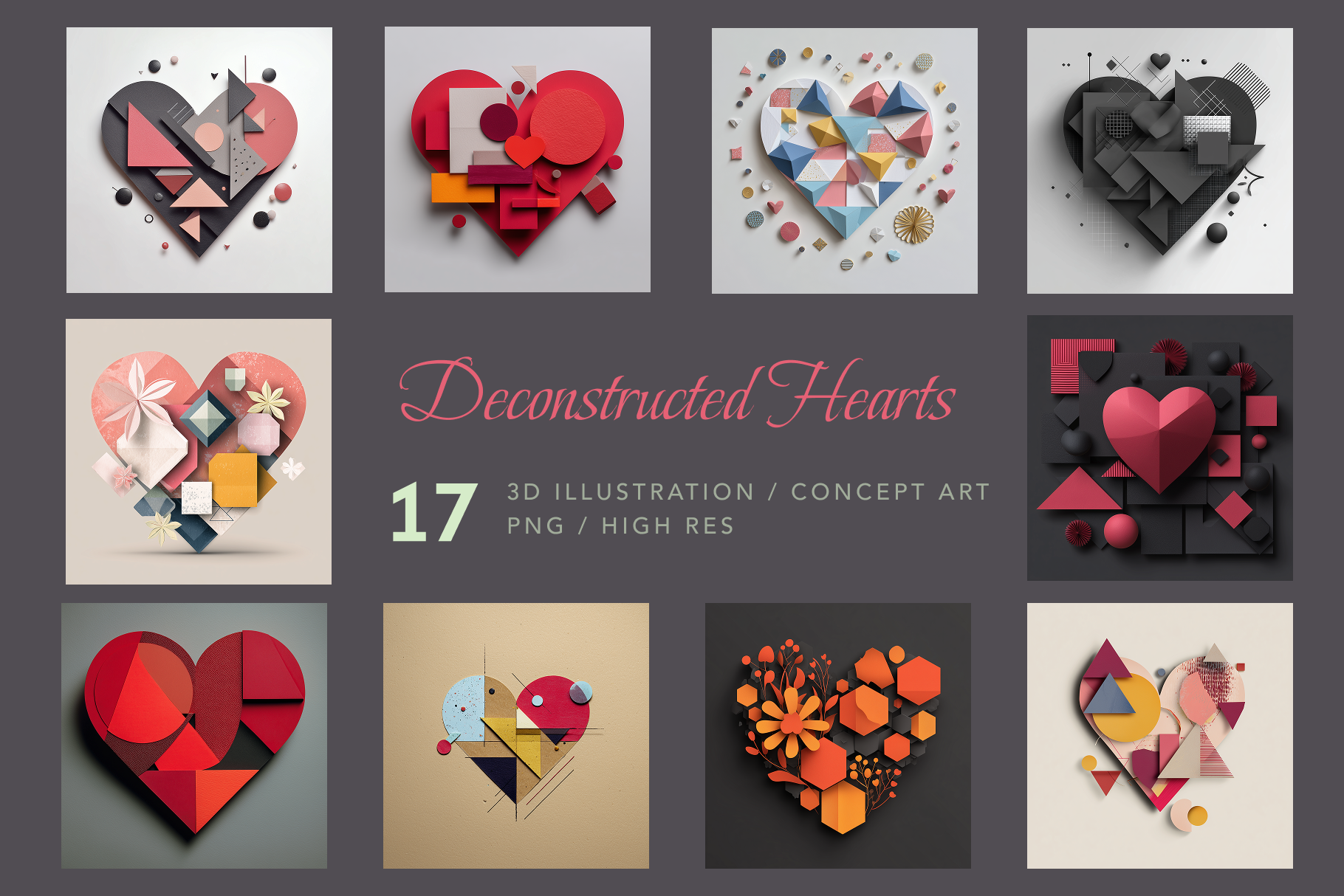 Collection of deconstructed heart illustrations with various designs and colors on a gray background.