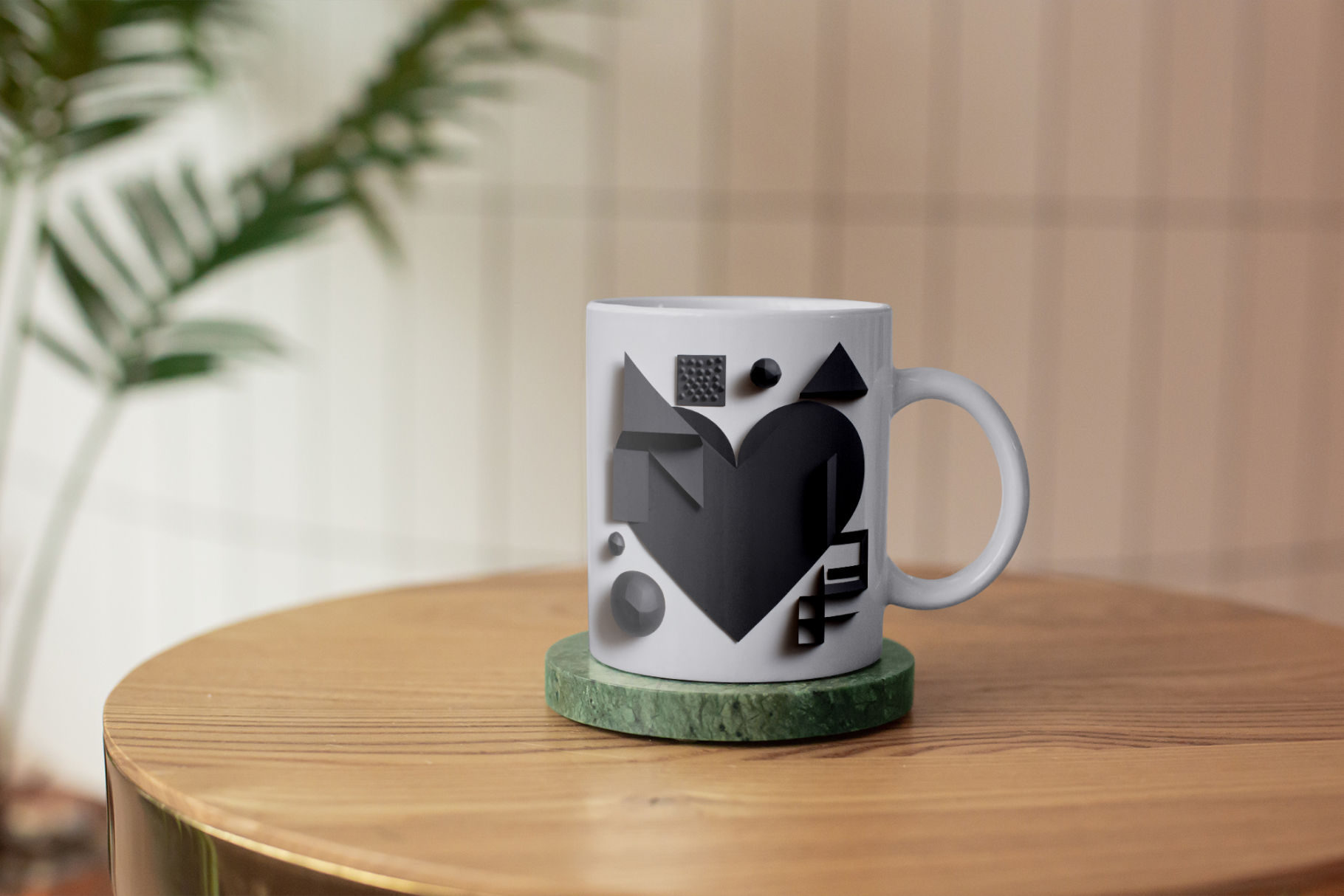 White mug with black heart design on a wooden table