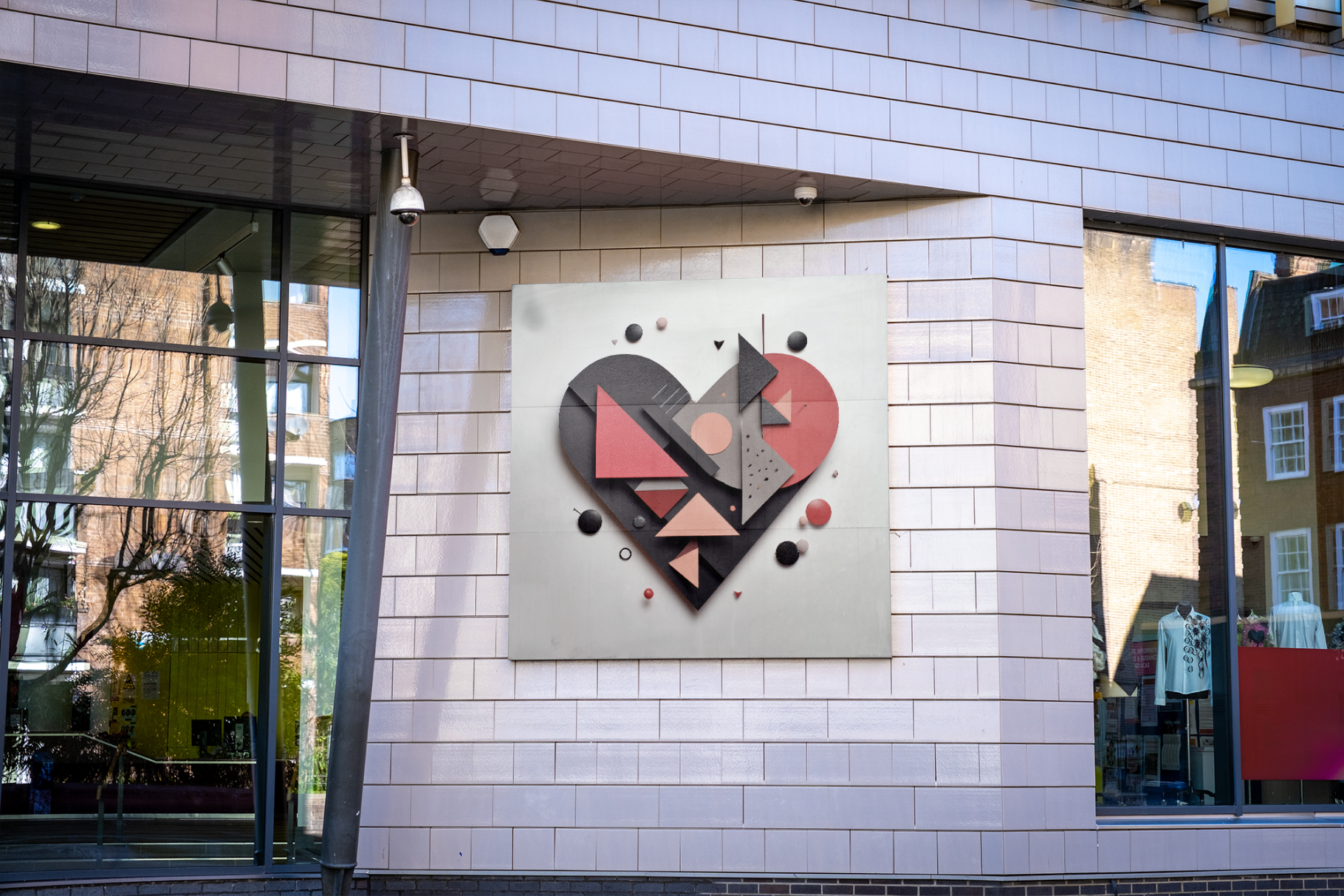 Modern building facade with a geometric heart artwork on a tiled wall.