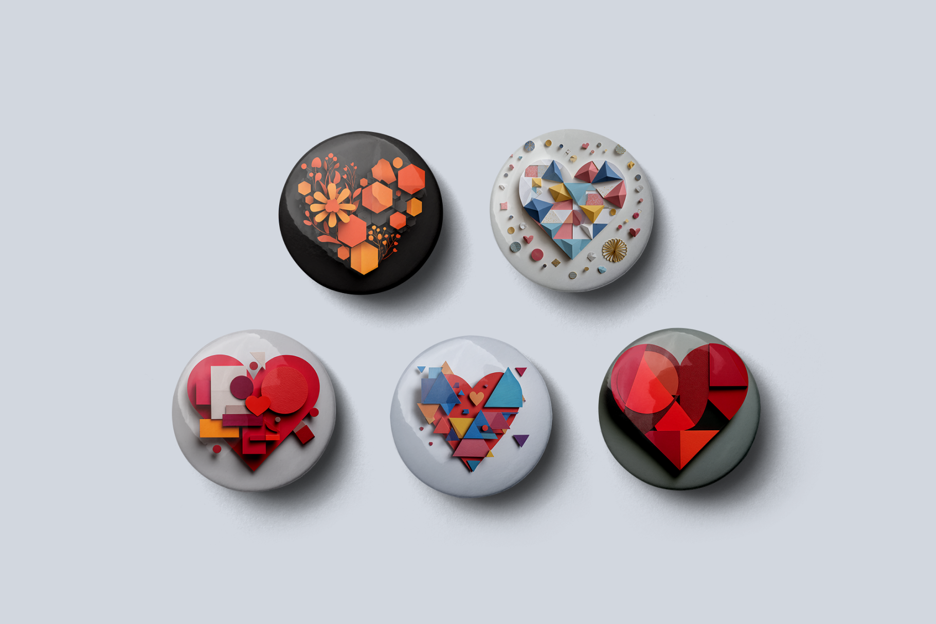 Set of five colorful heart-shaped buttons on a light gray background