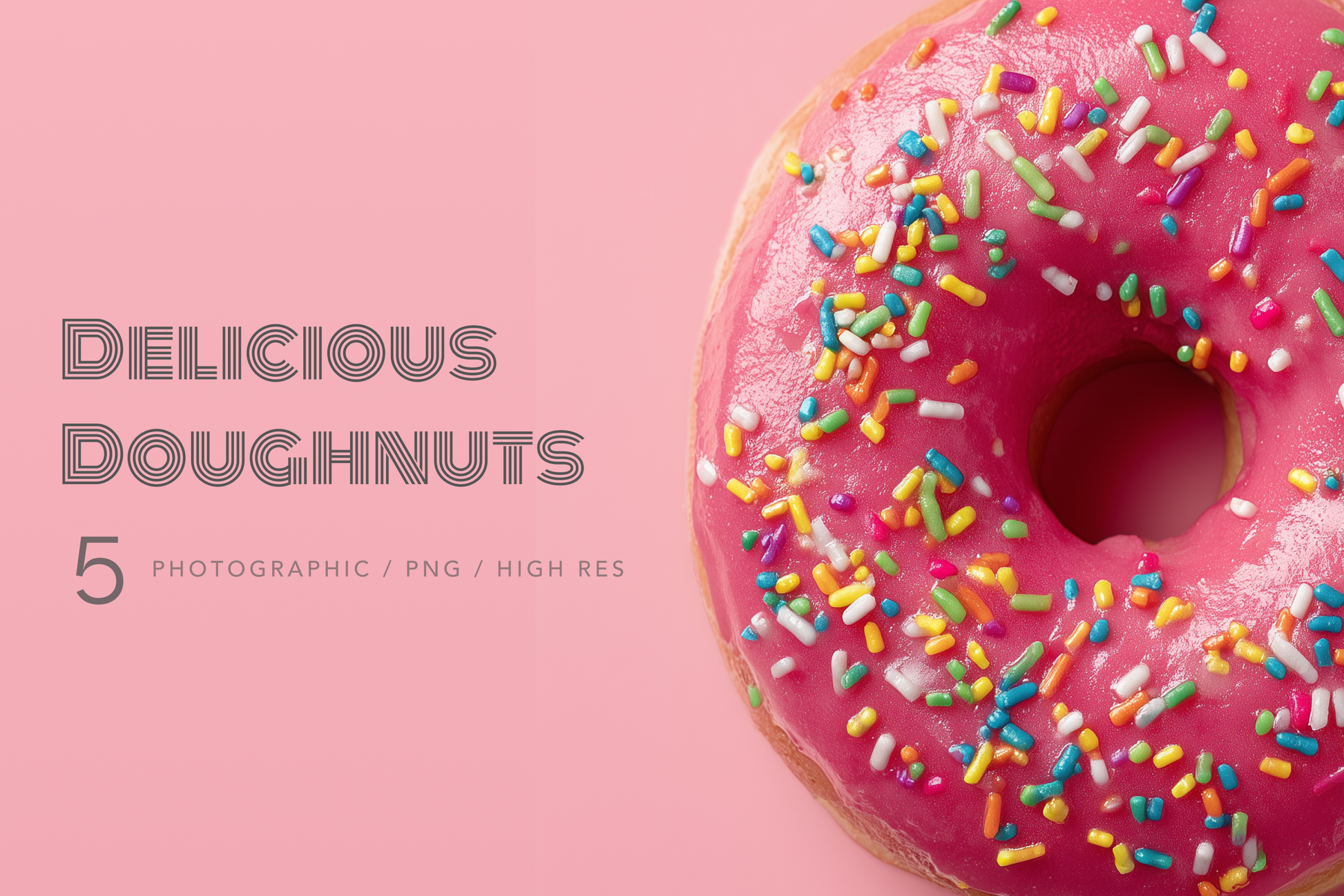 Pink doughnut with colorful sprinkles on a pink background, labeled 'Delicious Doughnuts'.