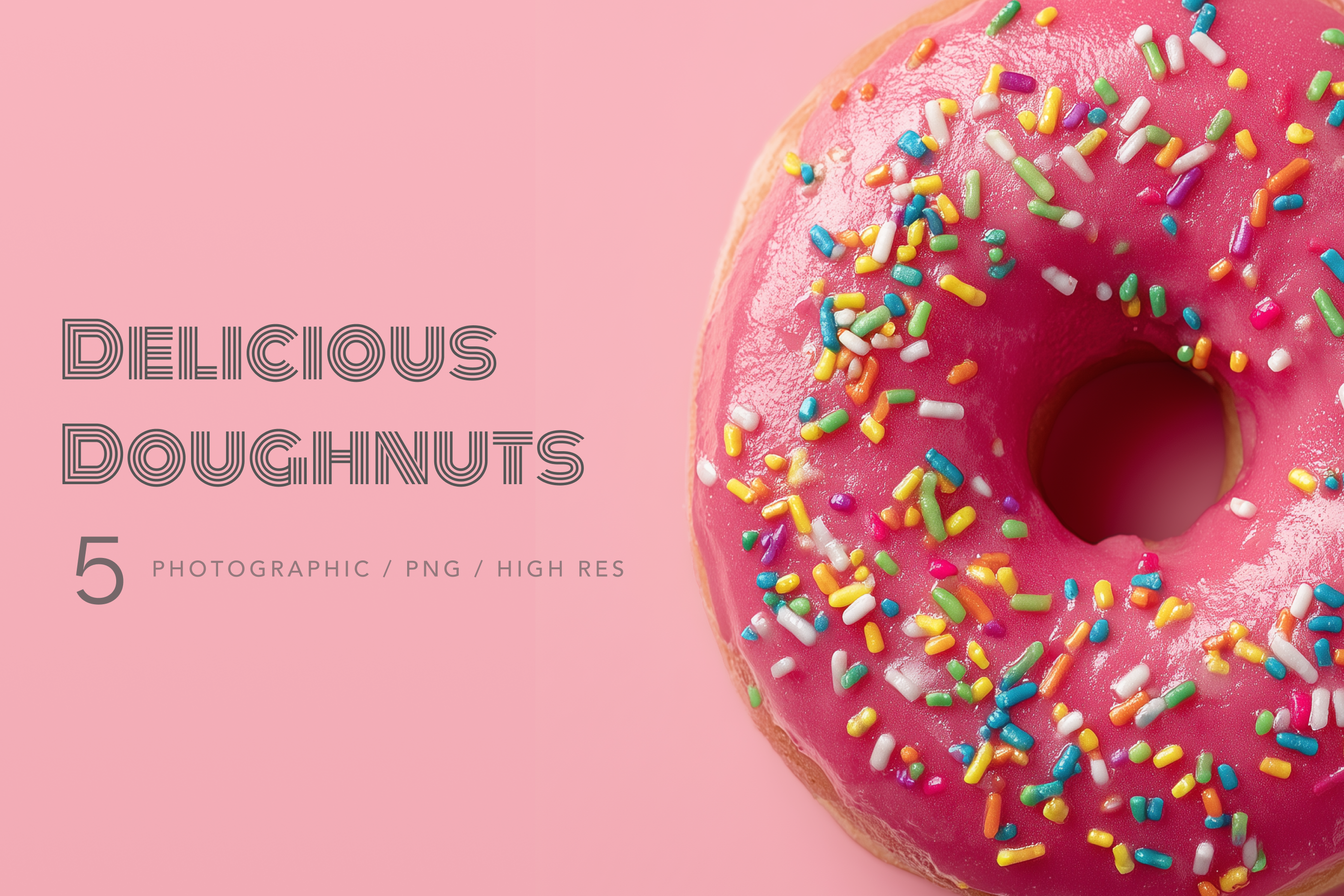 Pink doughnut with colorful sprinkles on a pink background, labeled 'Delicious Doughnuts'.