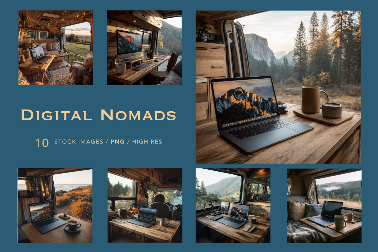 Collage of digital nomad images with laptops in various settings, including a van and home office.