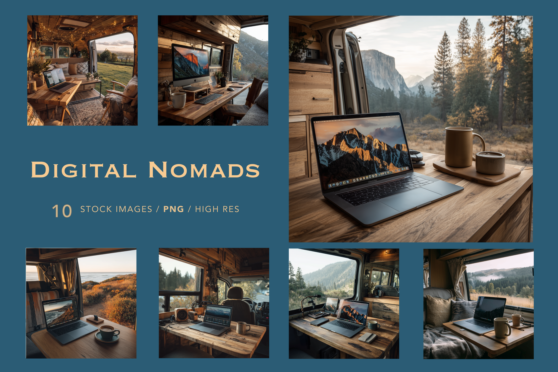 Collage of digital nomad images with laptops in various settings, including a van and home office.