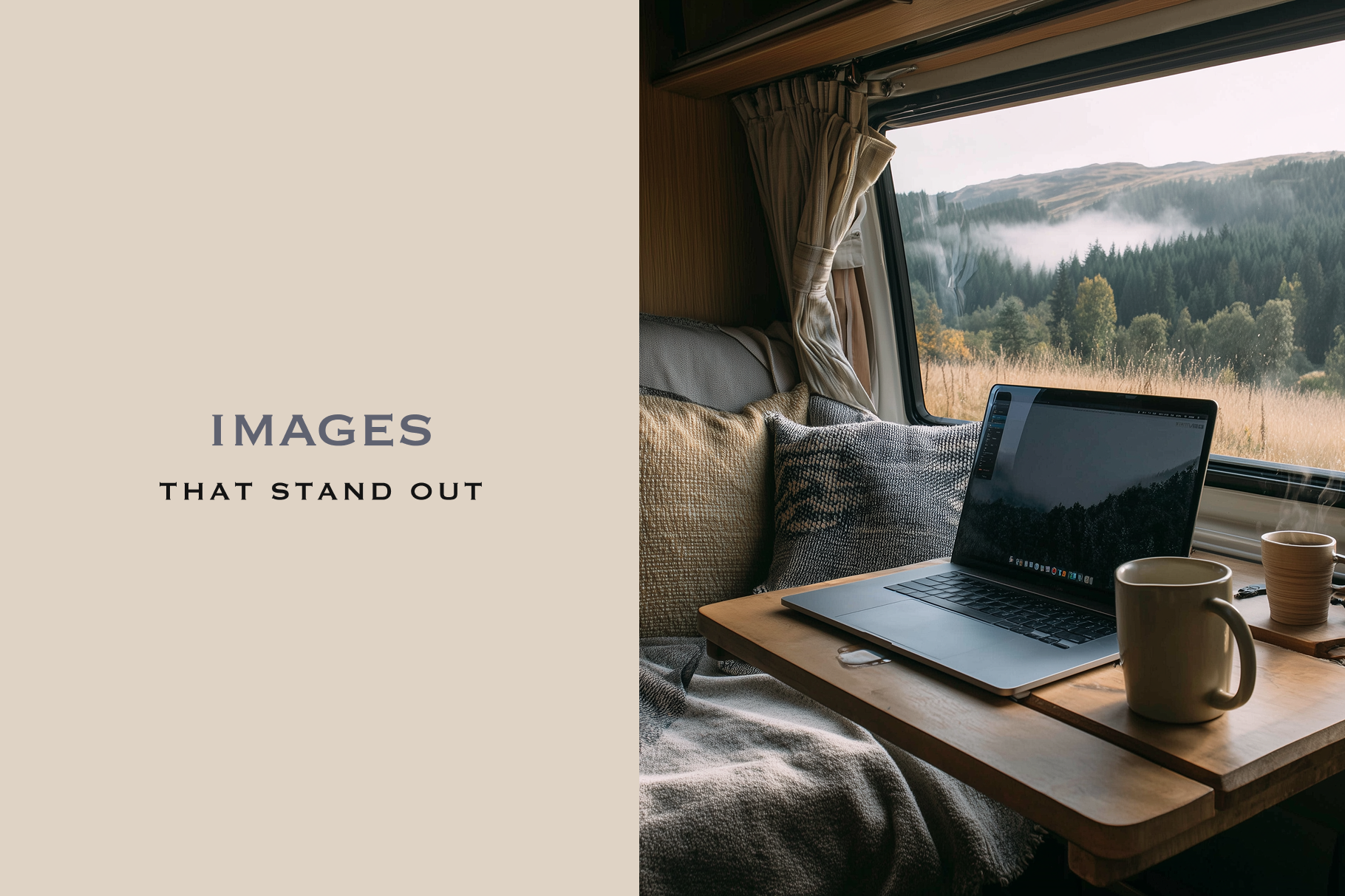 Laptop on a wooden tray with a scenic view outside a window, featuring 'Images That Stand Out' text.