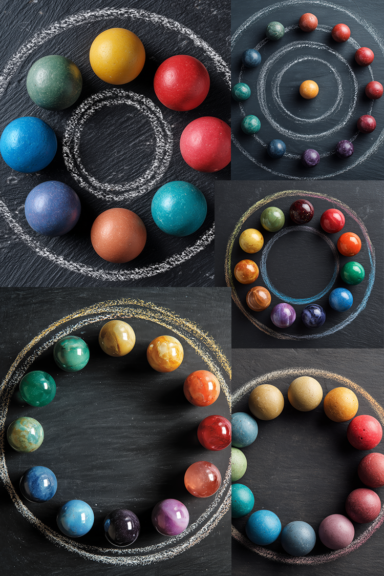 A collage of six views showing colorful spherical objects arranged in circular patterns on dark textured surfaces, some drawn with chalk and others placed on a surface. The spheres come in many different colors including blue, red, green, yellow, orange, purple, and brown.
