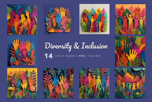 Colorful diversity and inclusion stock images on a blue background