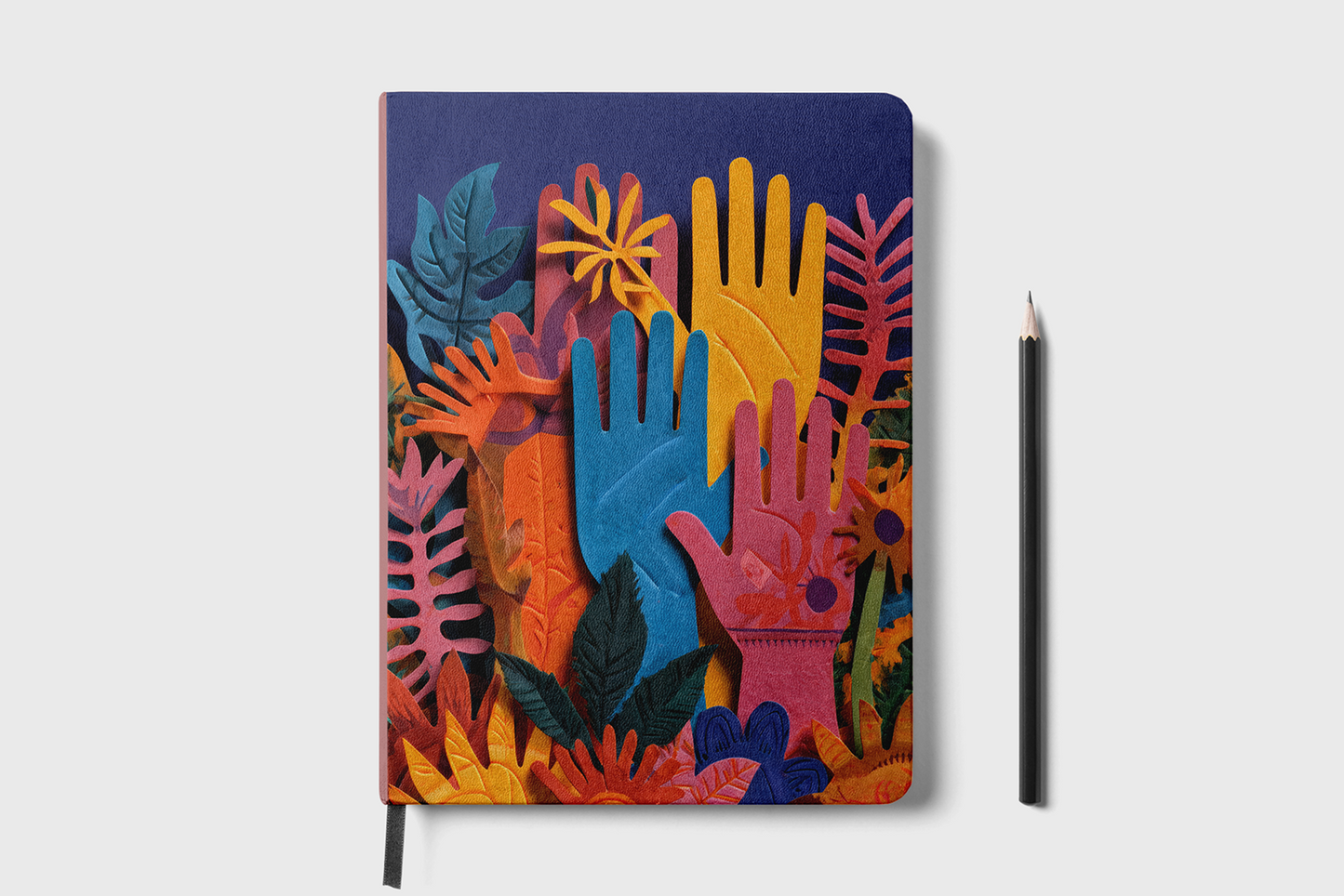 Notebook with colorful hand designs and plant illustrations on a white background