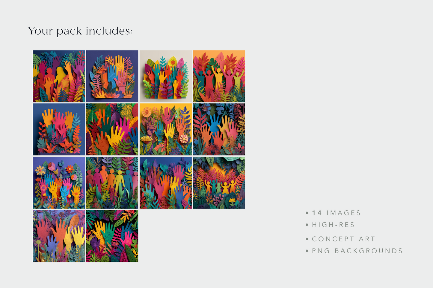 Pack of colorful hand illustrations with text on a light gray background