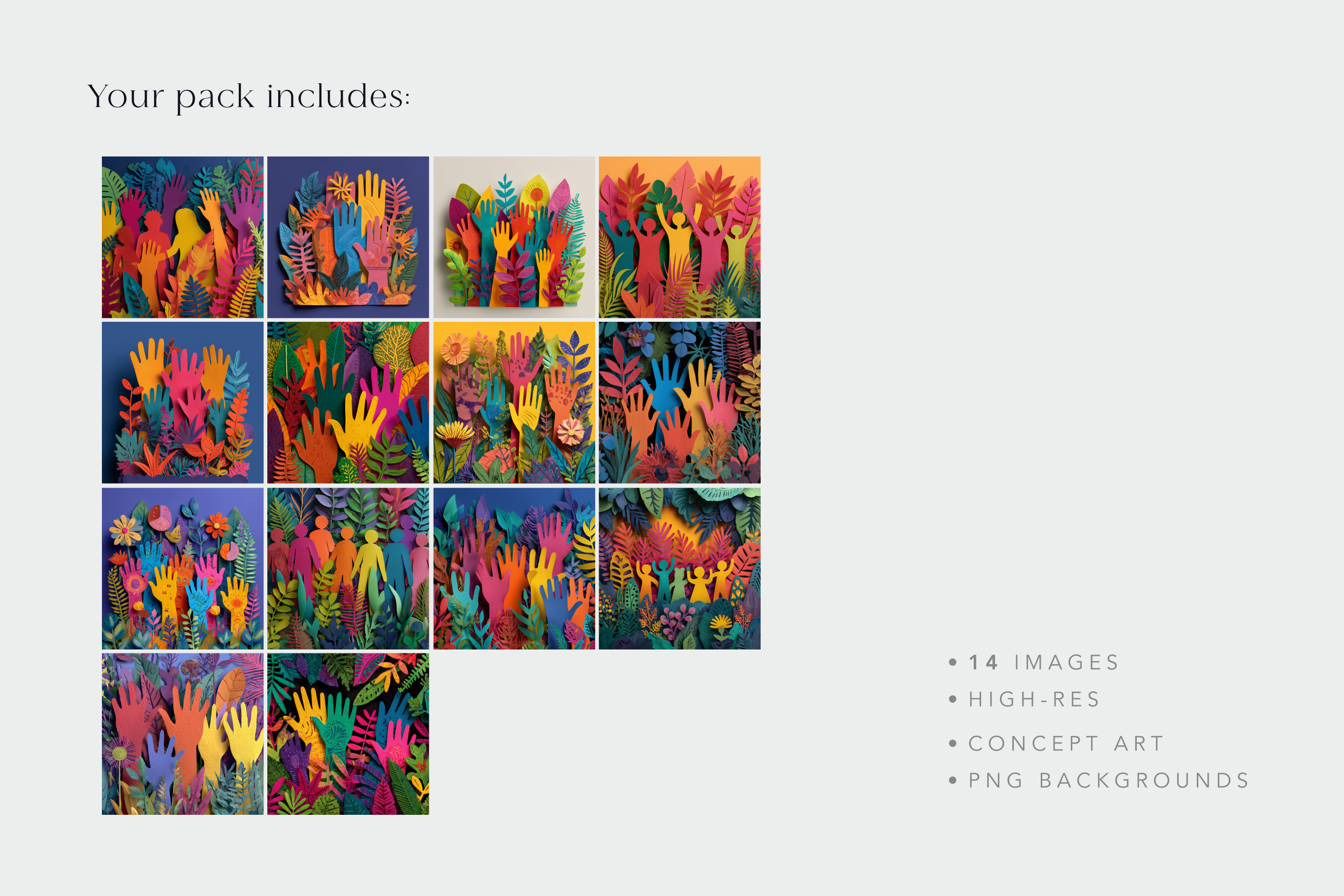 Pack of colorful hand illustrations with text on a light gray background