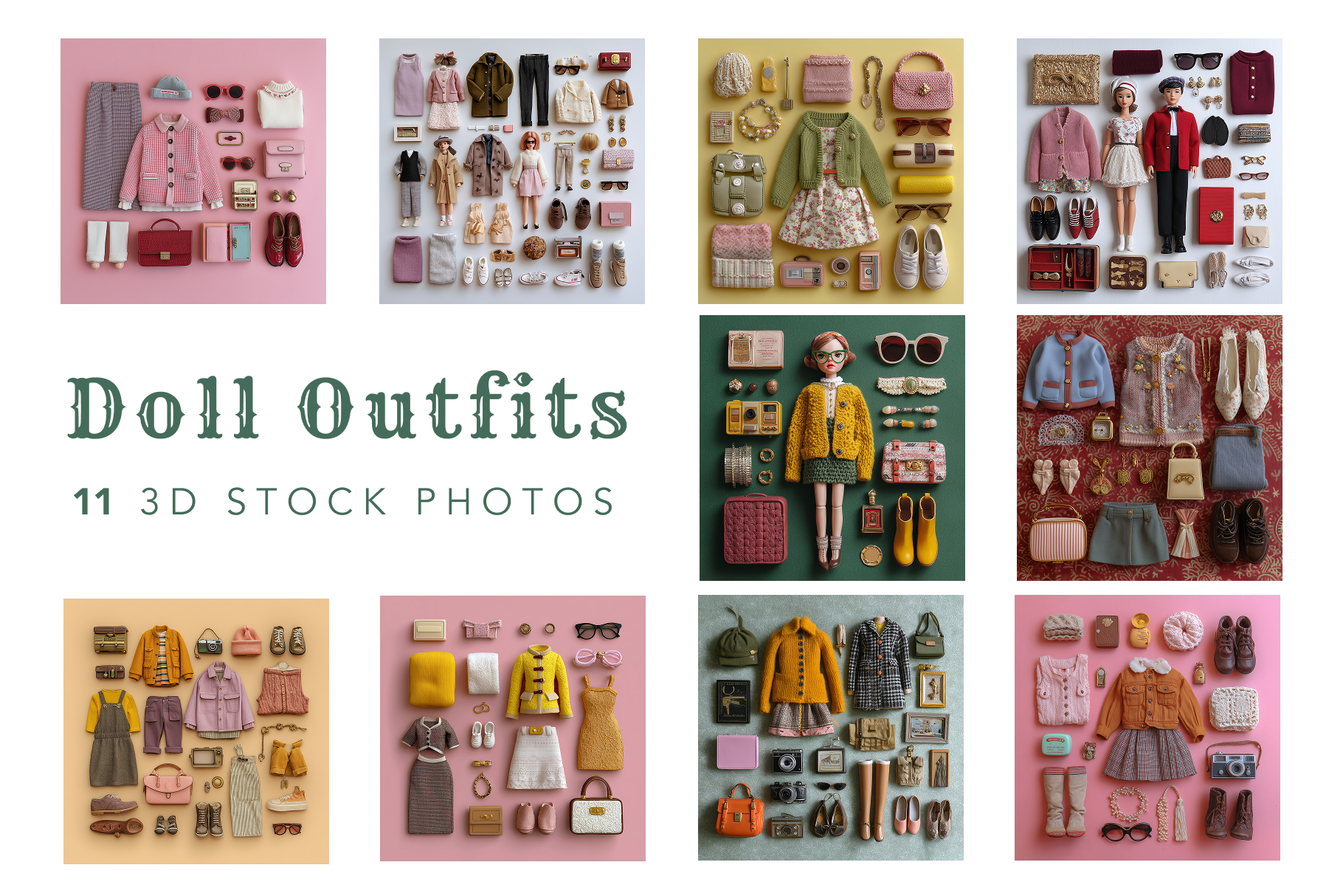 Collection of doll outfits displayed on a grid with text indicating 'Doll Outfits' and '11 3D Stock Photos'.