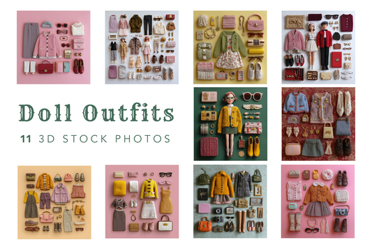 Collection of doll outfits displayed on a grid with text indicating 'Doll Outfits' and '11 3D Stock Photos'.
