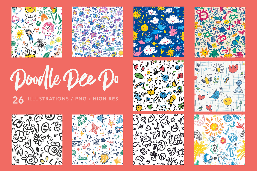 A collection of colorful digital illustrations in a doodle style, depicting various playful and abstract designs.