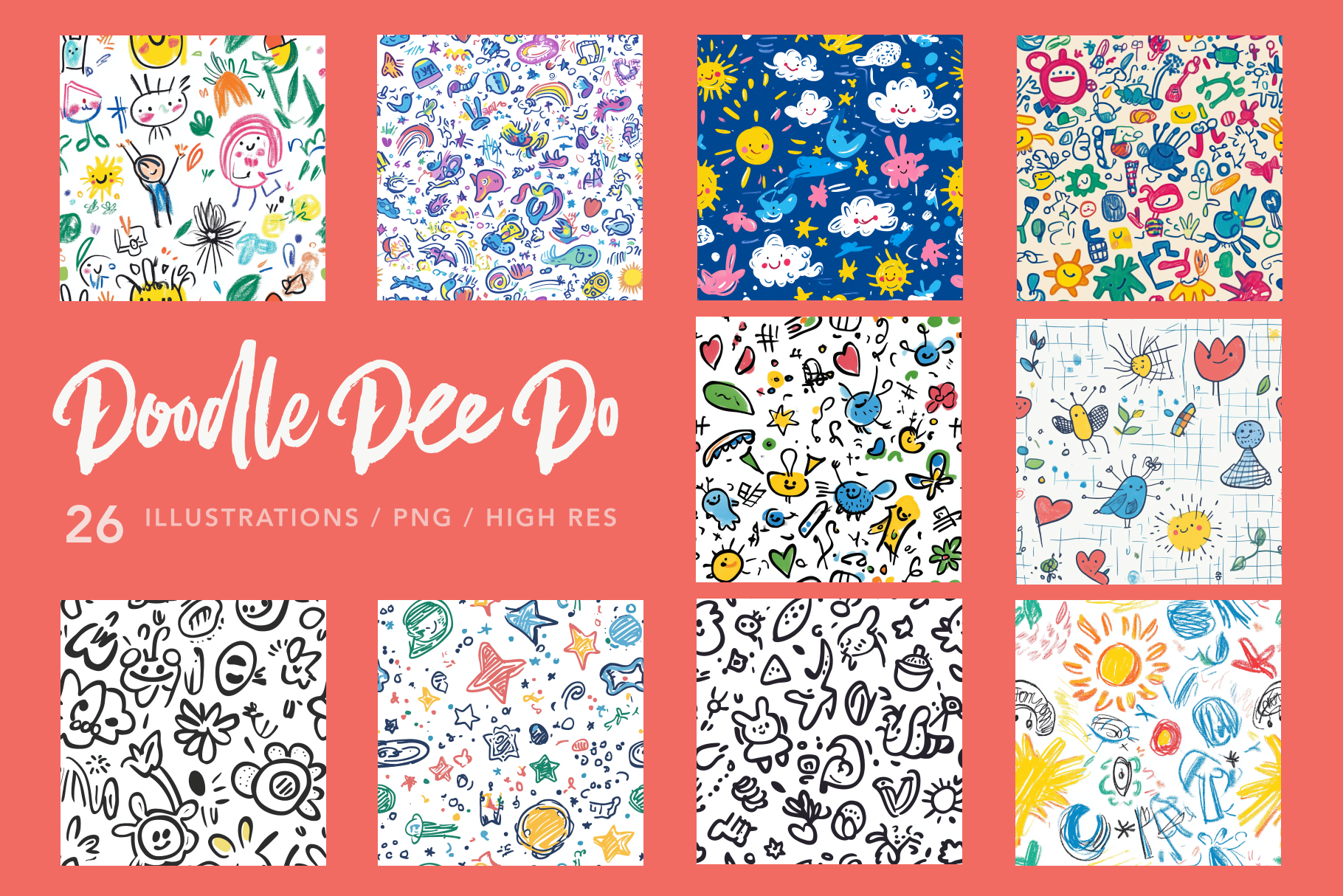 A collection of colorful digital illustrations in a doodle style, depicting various playful and abstract designs.