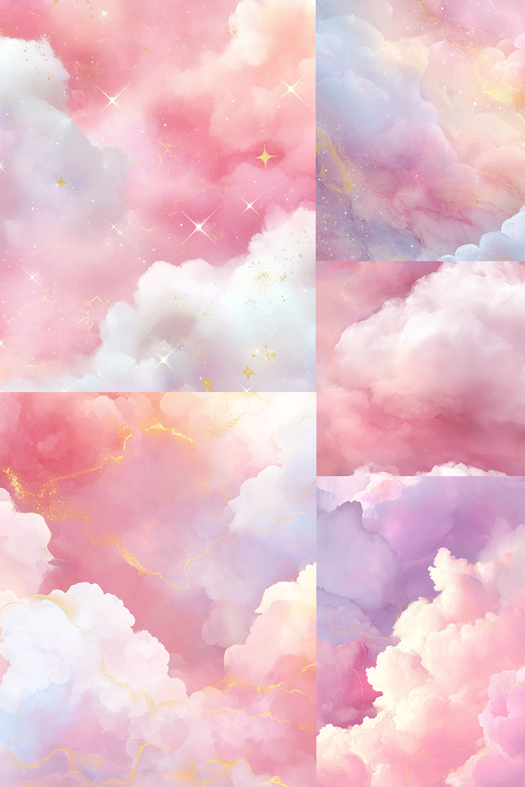 A collage of six pastel watercolor cloud designs in pink, purple, and white, with soft gold glitter and starburst sparkles.