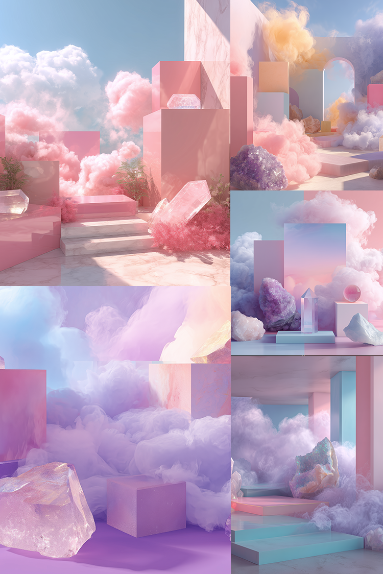 A collage of six pastel-themed photography backdrops featuring pink, purple, and blue clouds, geometric display blocks, and crystal-like props under a soft sky.