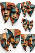 Set of hand-painted wooden jester masks with stylized faces, featuring a mix of blue, orange, beige, and brown tones, arranged on a clean white background.