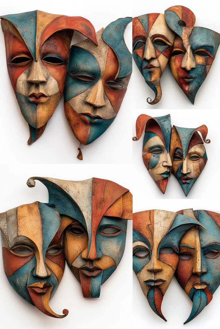 Set of hand-painted wooden jester masks with stylized faces, featuring a mix of blue, orange, beige, and brown tones, arranged on a clean white background.