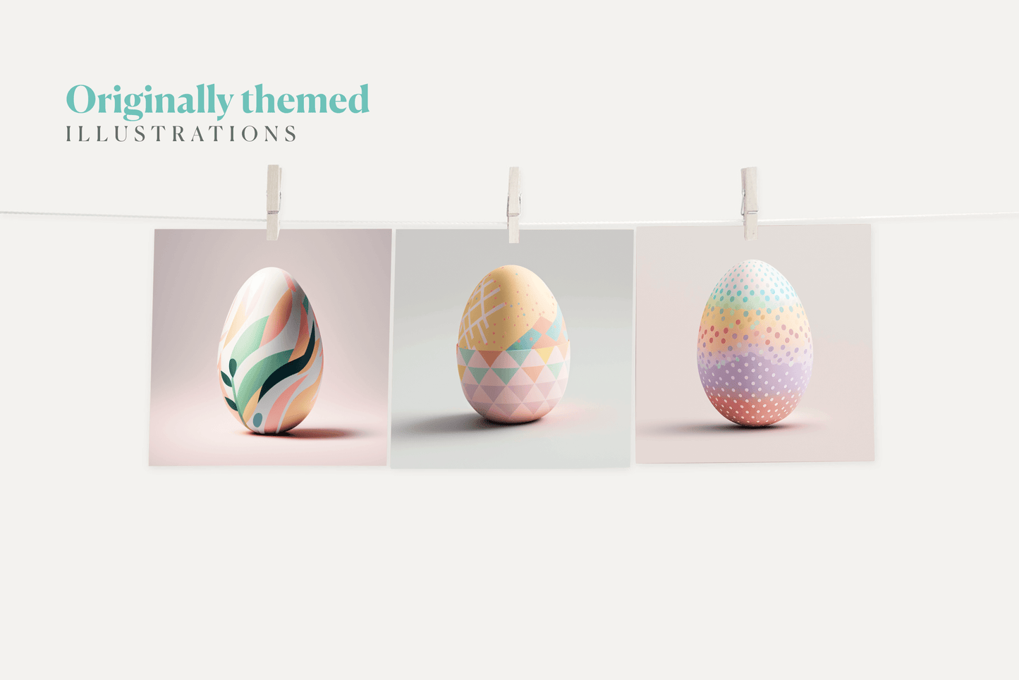 Hanging polaroid photographs of beautifully decorated easter eggs with minimalist patterns